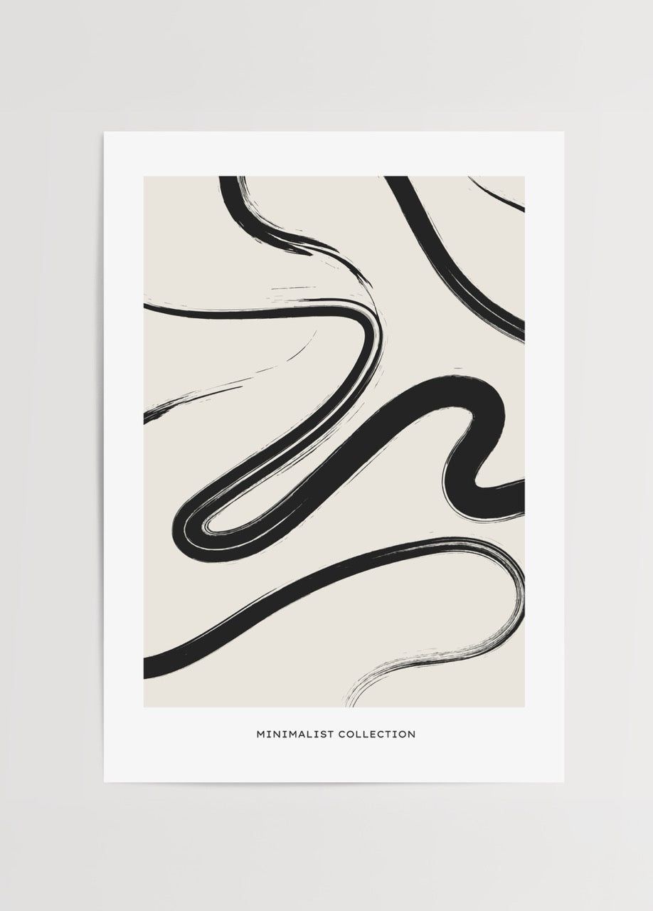 Fluid lines abstract wall art in beige and black tones.
