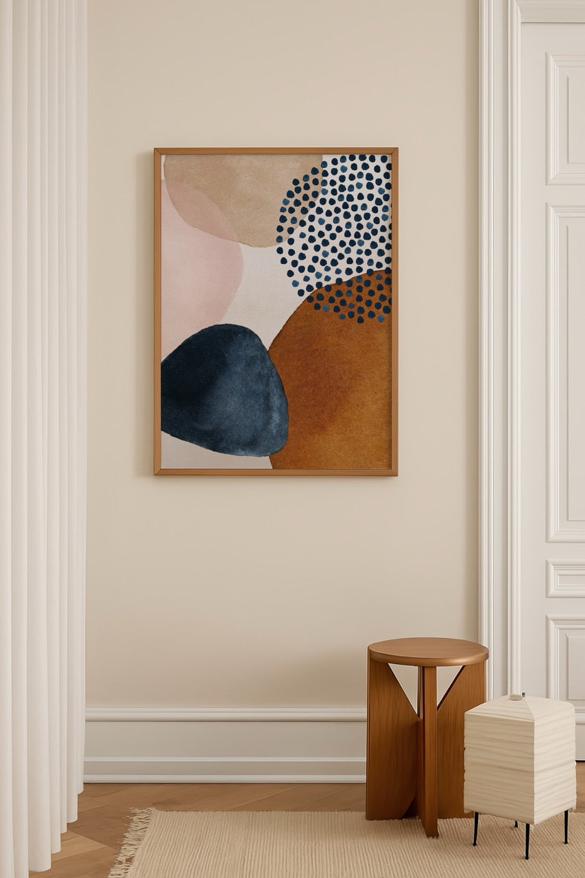 Abstract artwork featuring soft colour blocks and playful dots in warm tones.