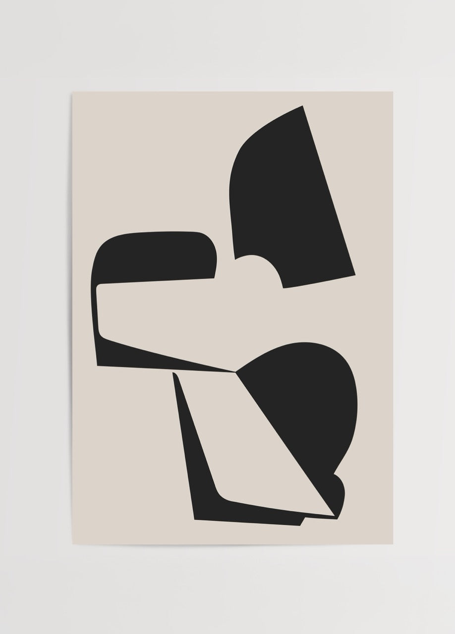 Minimalist abstract artwork featuring bold black shapes on a beige background.