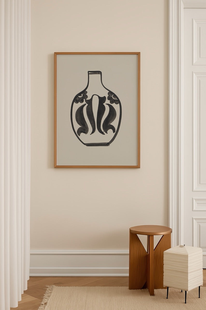 Elegant Vessel Silhouette Art Print in black on beige background.