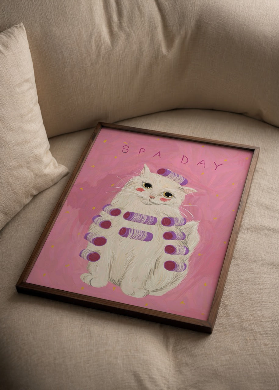 Whimsical illustration of a cat with spa rollers on a pink background.