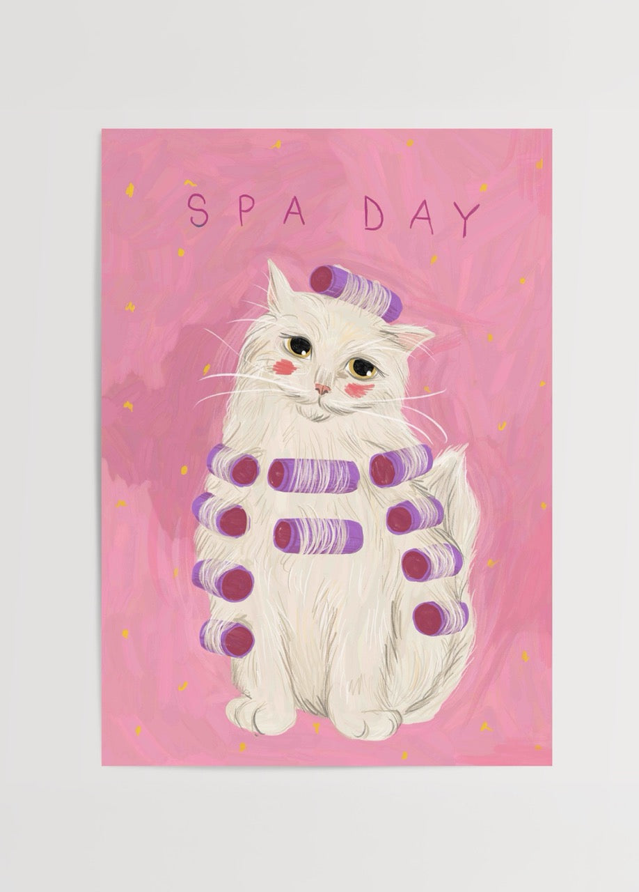 Whimsical illustration of a cat with spa rollers on a pink background.