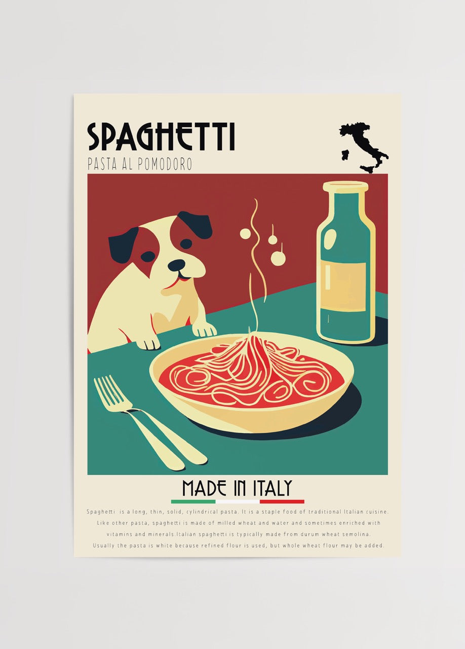 Vibrant illustration of spaghetti al pomodoro with a dog, perfect for kitchen decor.