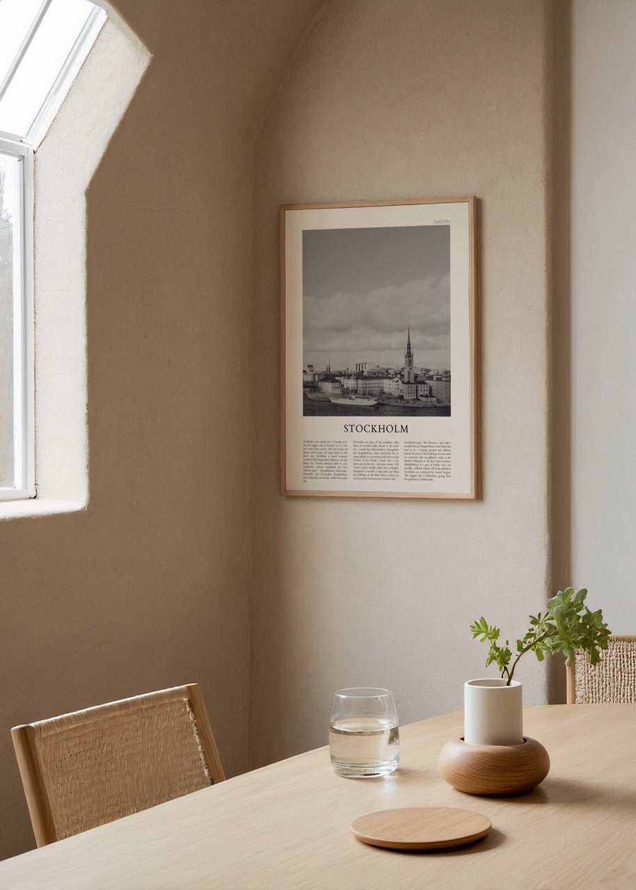 Monochrome cityscape poster of Stockholm with elegant architecture.