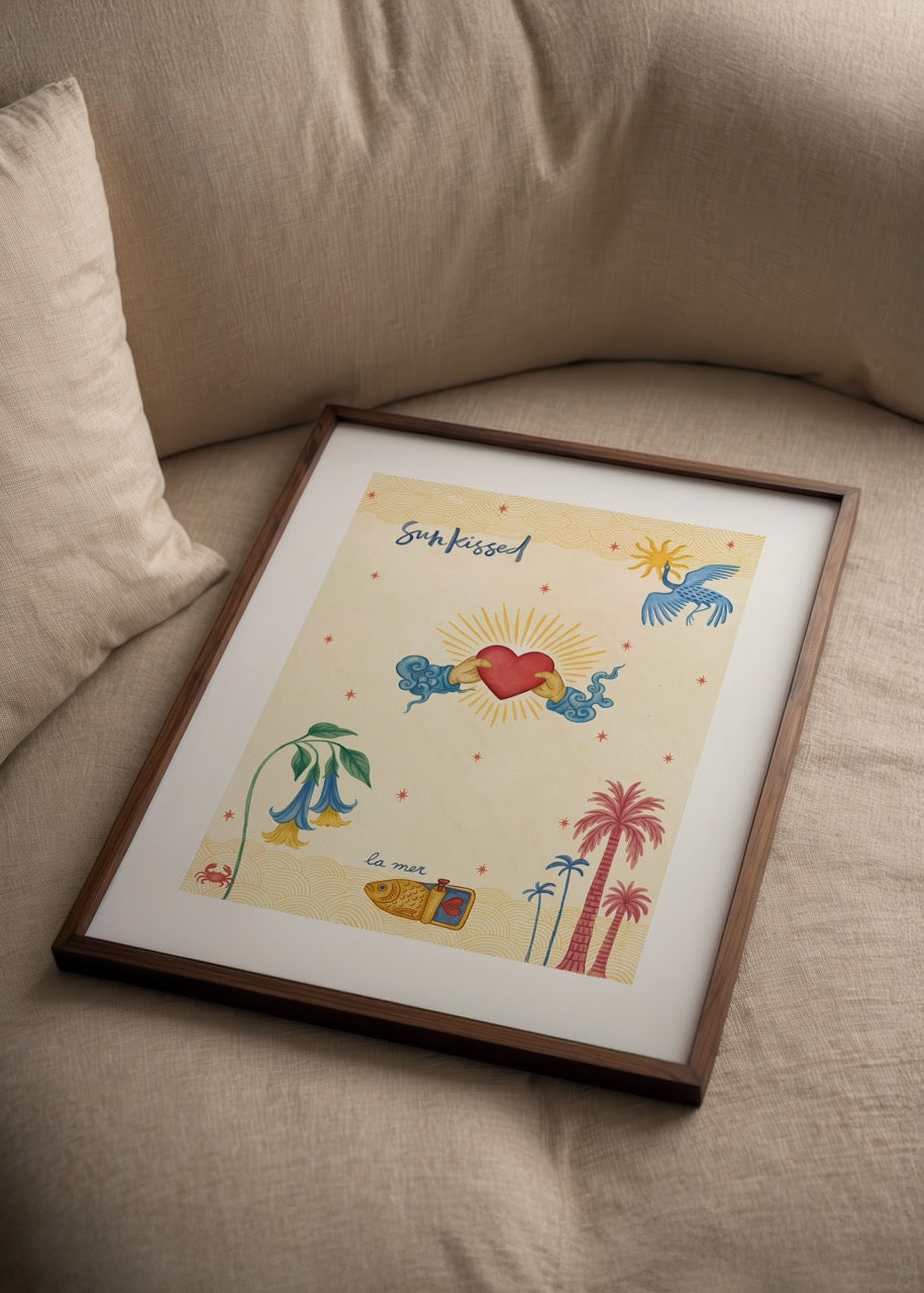 Vibrant poster featuring a sun, heart, and tropical motifs for a cheerful decor.