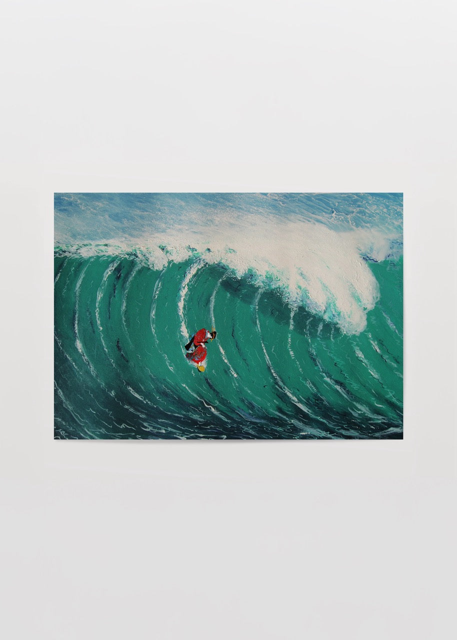 Vibrant surfer girl poster print capturing the energy of ocean waves.