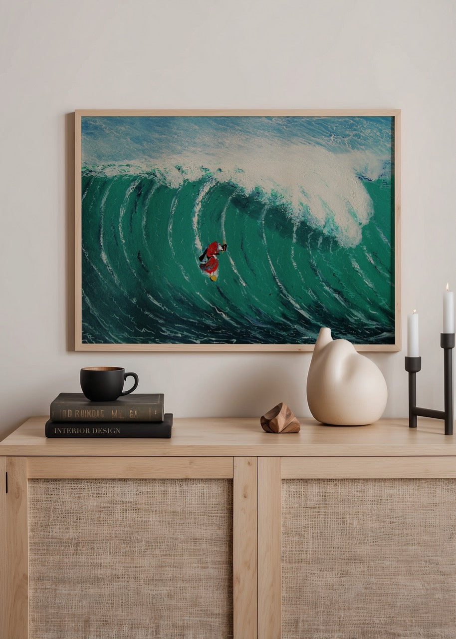 Vibrant surfer girl poster print capturing the energy of ocean waves.