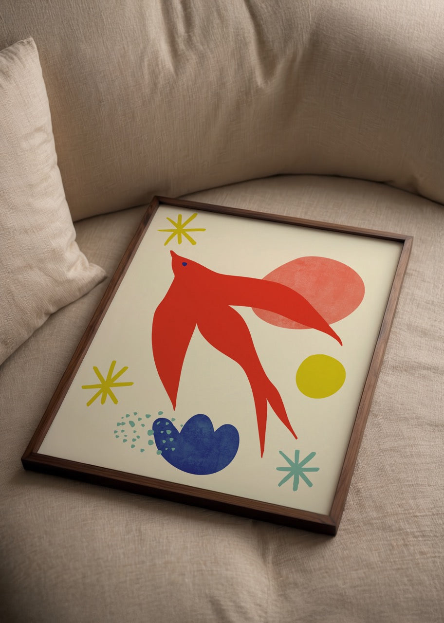 Vibrant swallow poster print featuring abstract shapes and bold colours.