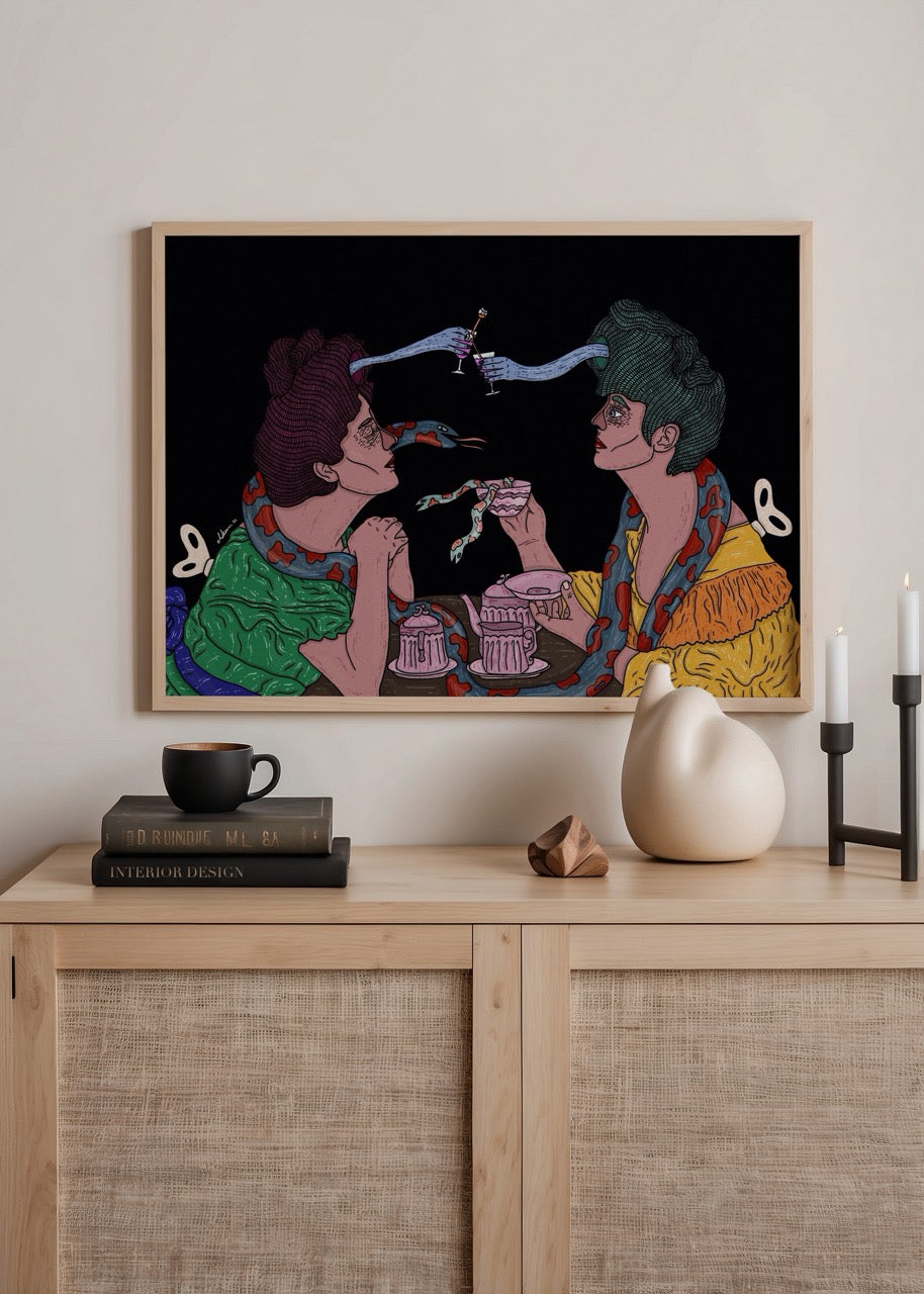 Illustrated poster print featuring a whimsical tea time scene with vibrant colours.