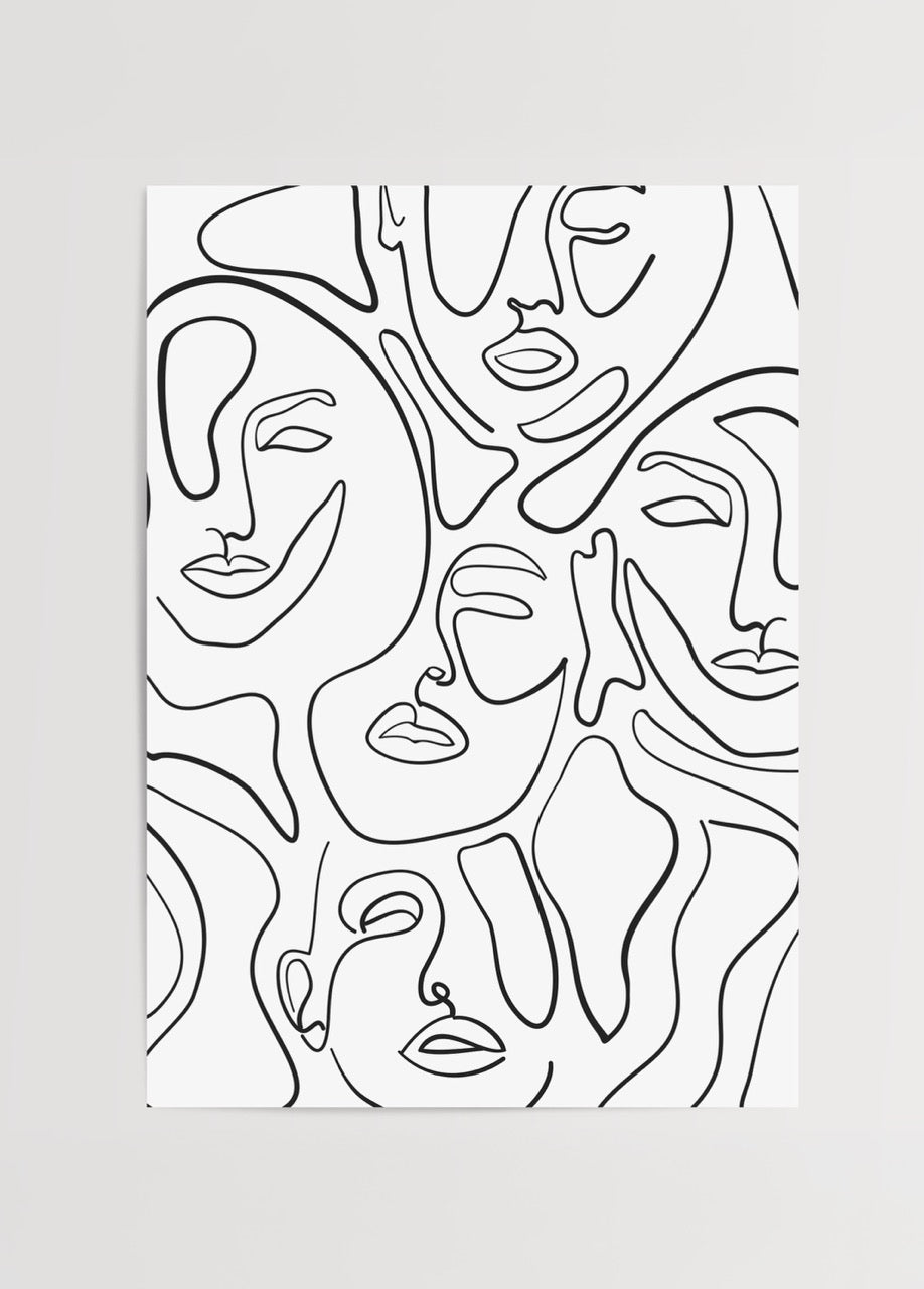 Abstract line faces art print showcasing minimalist design.