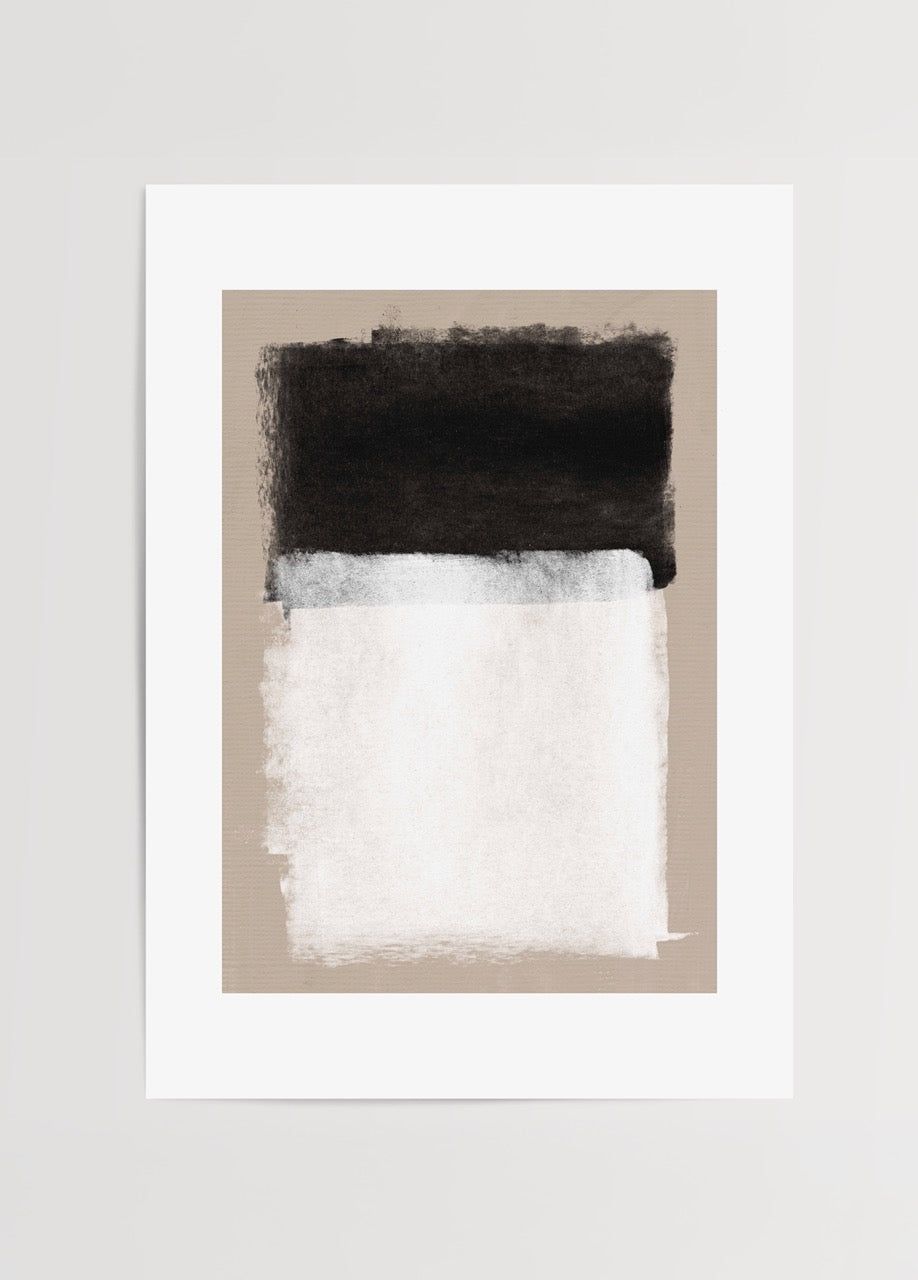 Monochrome abstract art print featuring layered black and white textures.