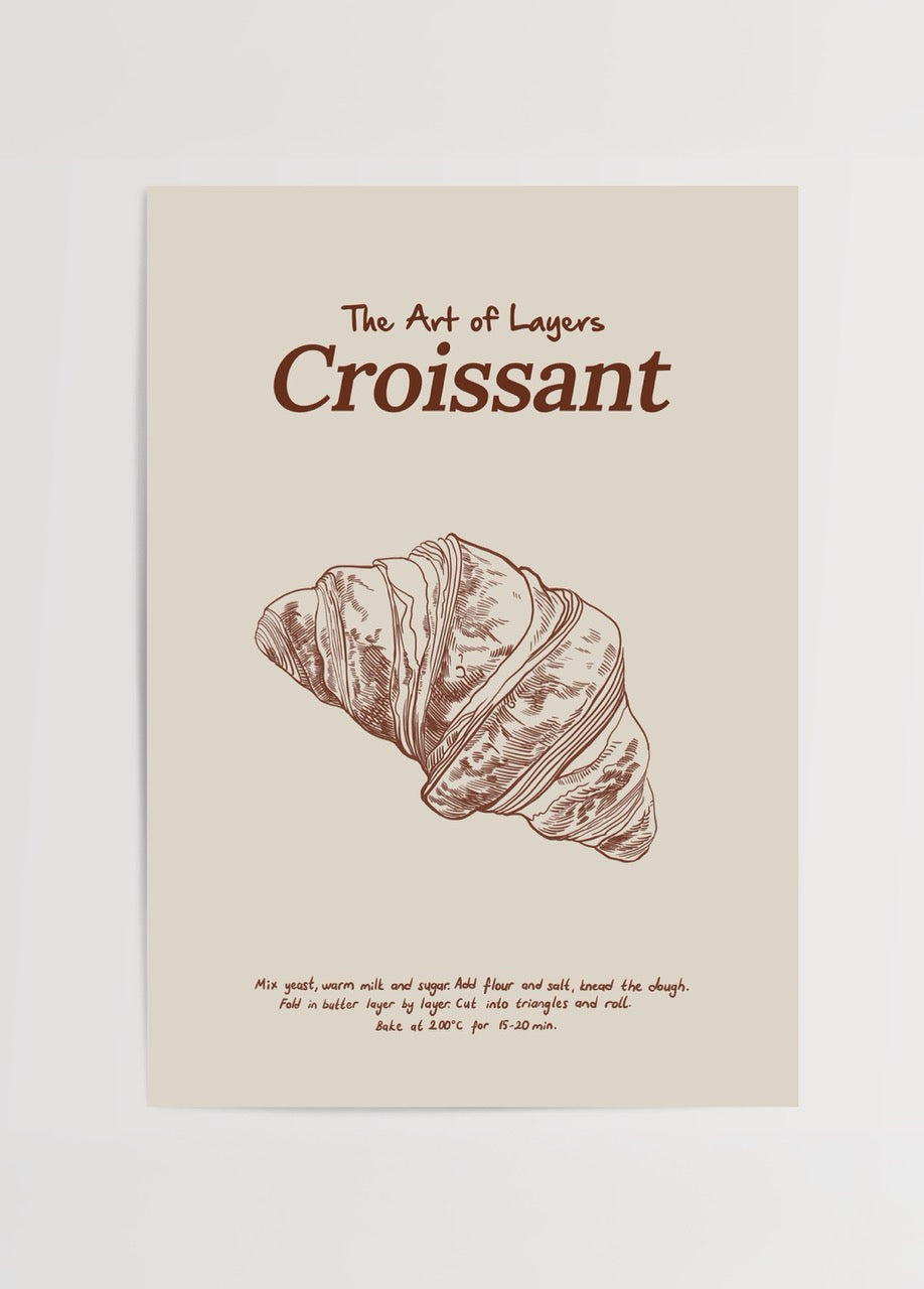Illustration of a croissant on a beige background, celebrating culinary art.