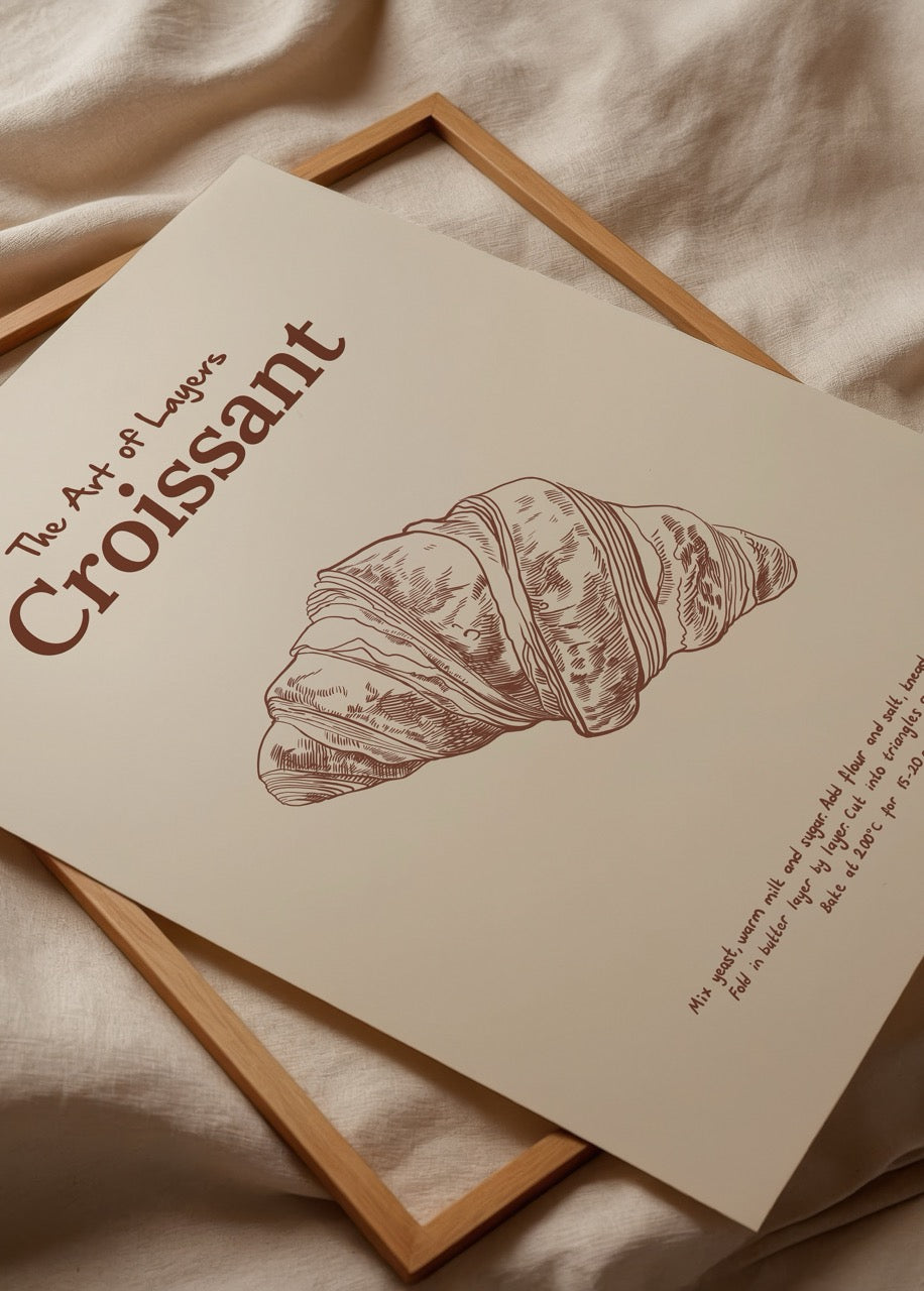 Illustration of a croissant on a beige background, celebrating culinary art.