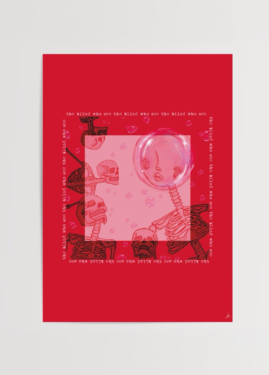 A vibrant illustration poster featuring whimsical skeletons and bubbles on a red background.