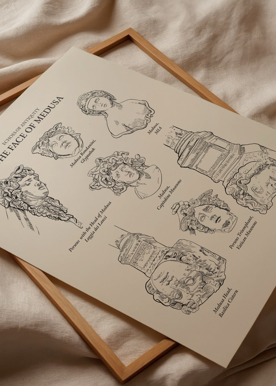 The Face of Medusa Poster Print showcasing classical illustrations of Medusa&