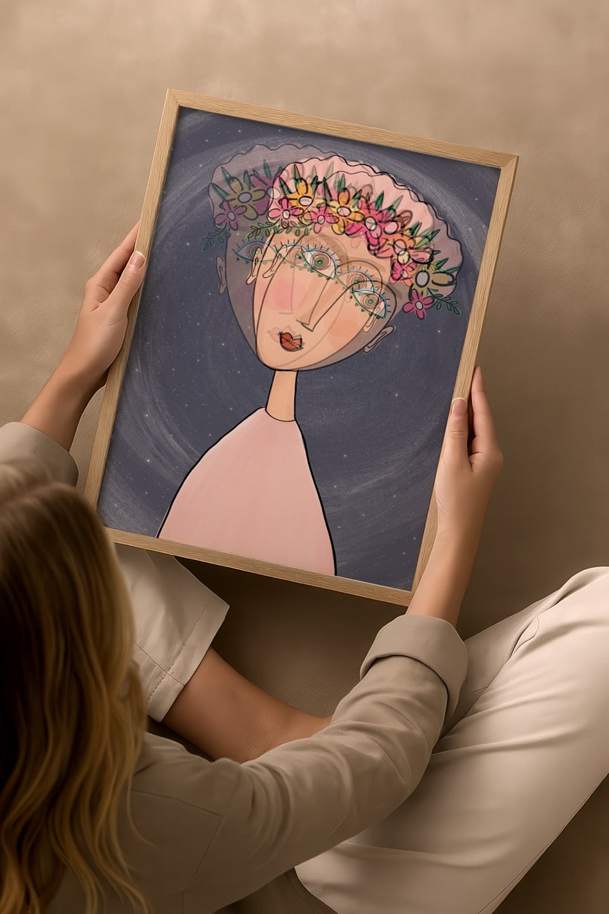 A whimsical illustration of a character with floral details set against a soft background.