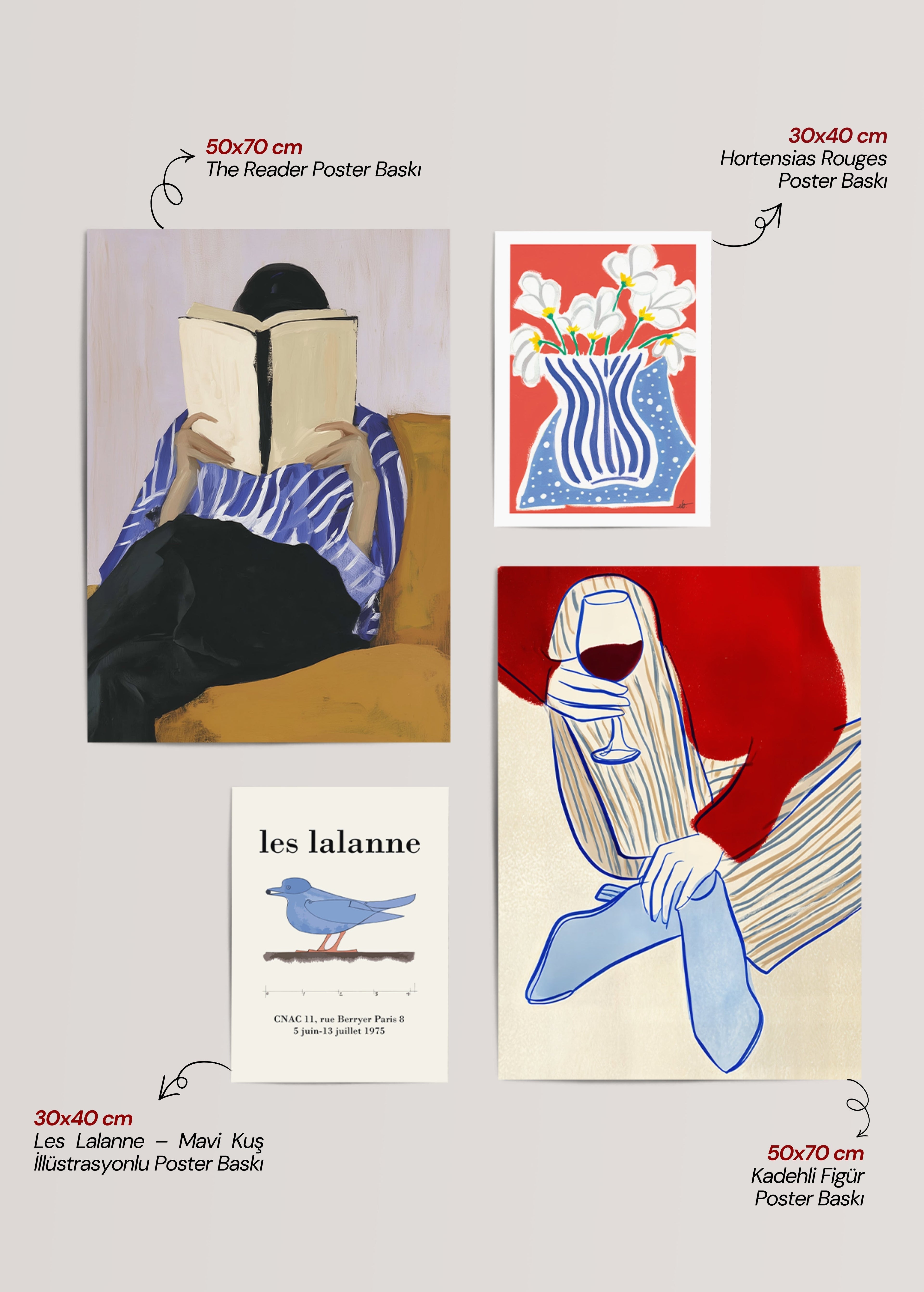 A set of four stylish wall art pieces featuring reading, flowers, and elegant illustrations.