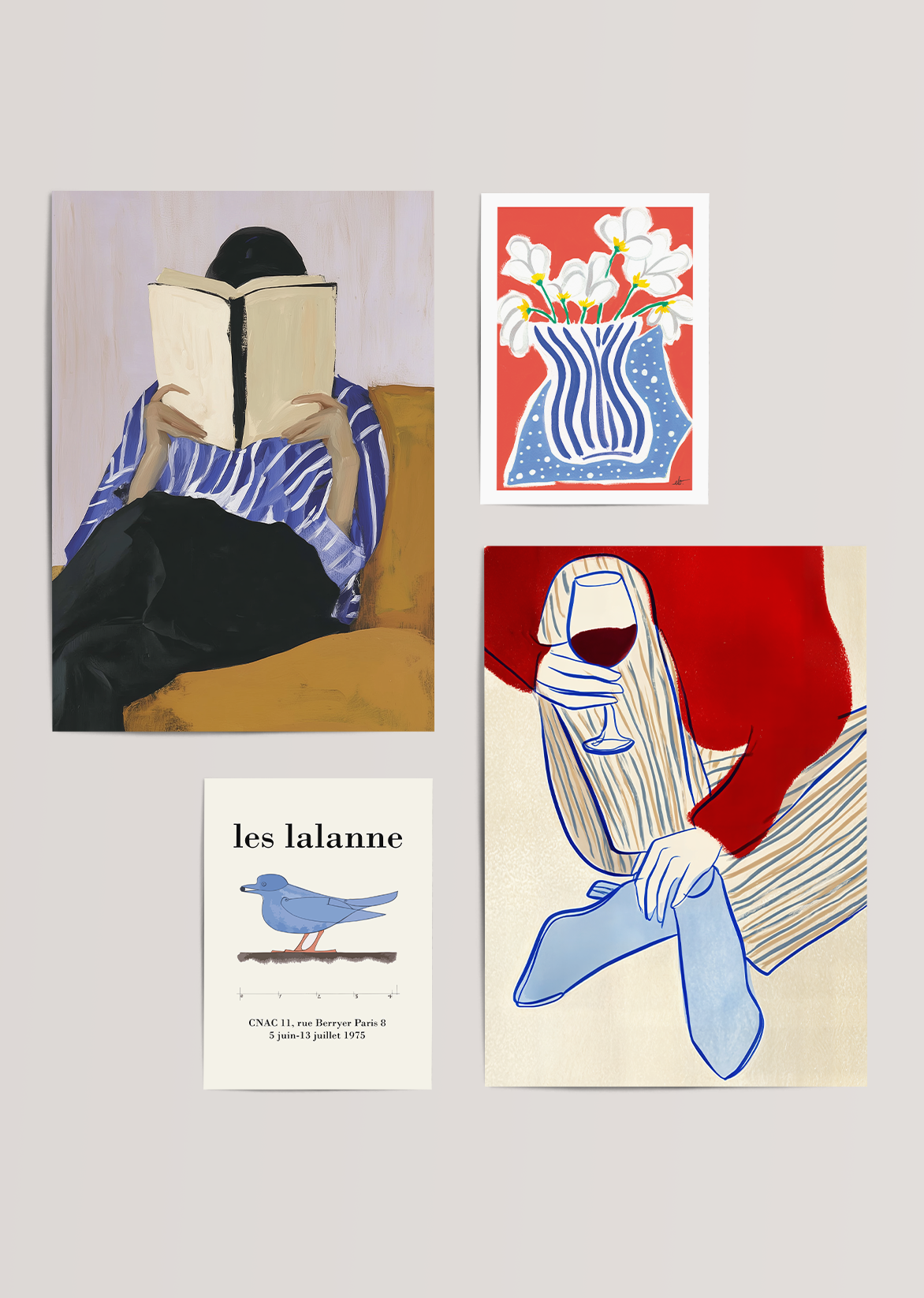 A set of four stylish wall art pieces featuring reading, flowers, and elegant illustrations.