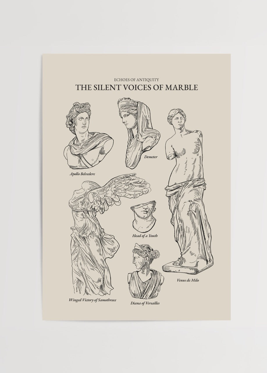 Poster featuring marble sculptures capturing the elegance of antiquity for wall art.
