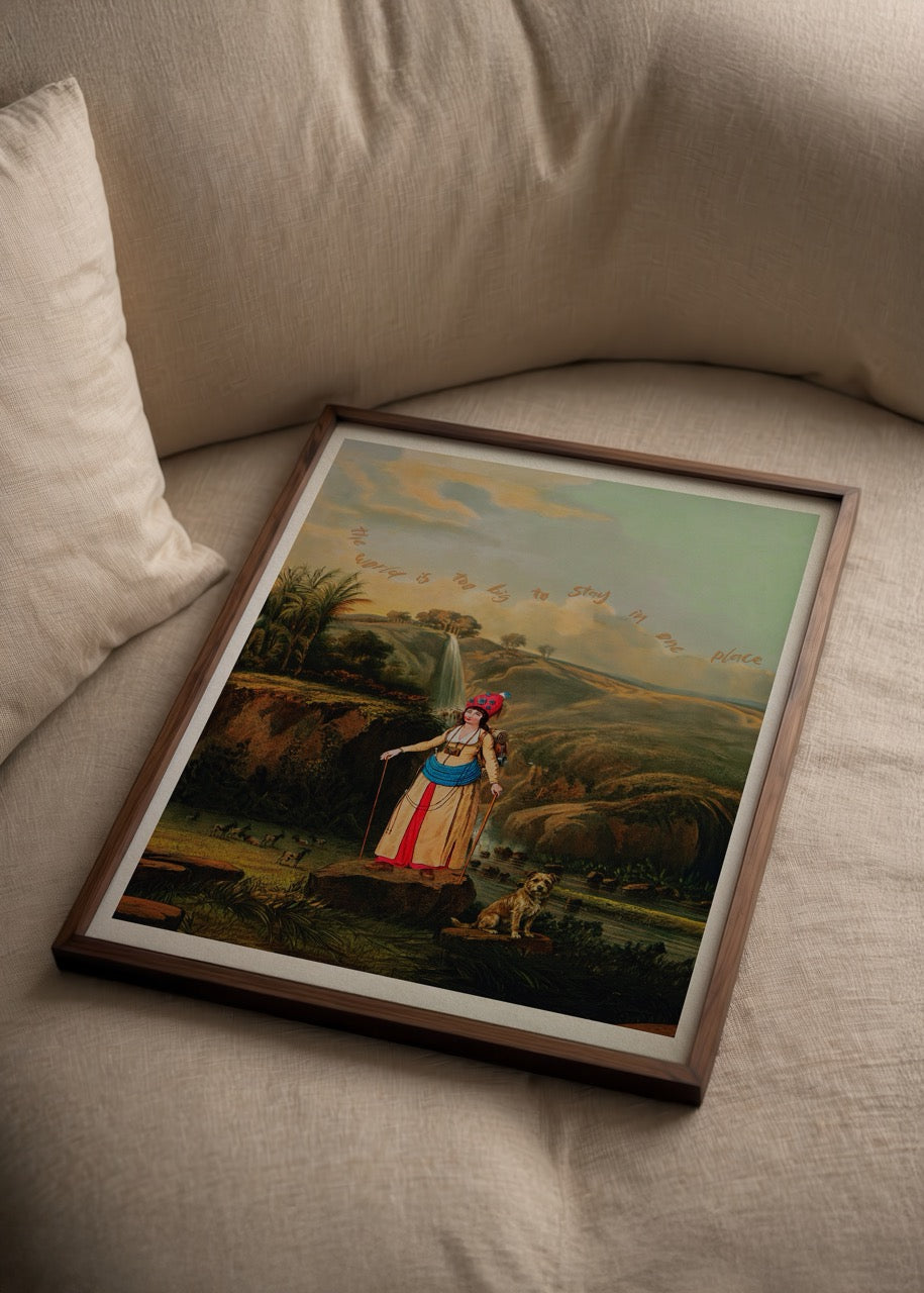 A vibrant poster illustrating the theme of exploration with scenic landscapes.