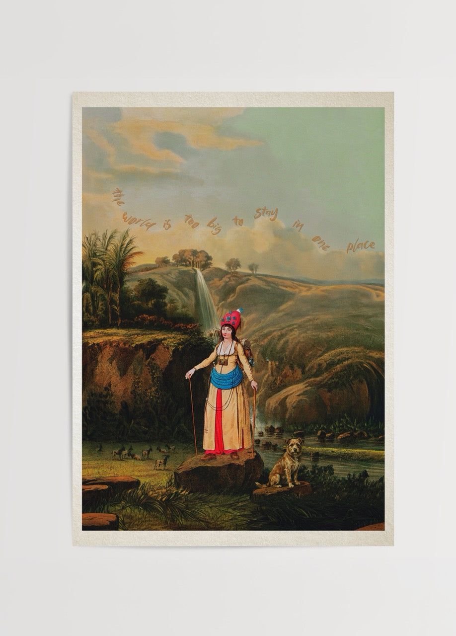 A vibrant poster illustrating the theme of exploration with scenic landscapes.