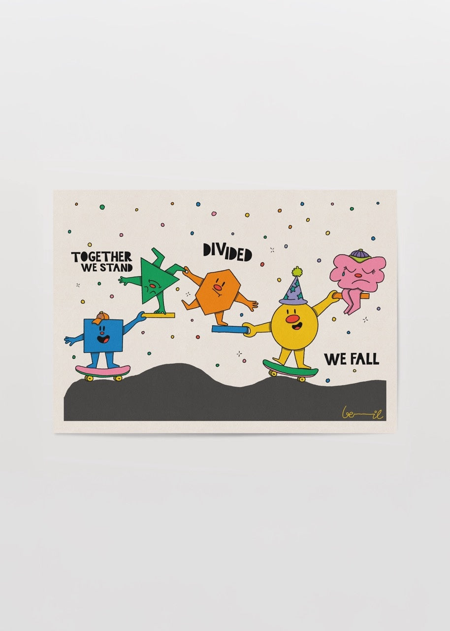 Playful characters representing unity and togetherness in vibrant colours.