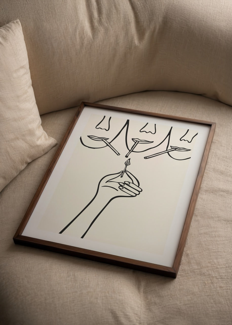 Minimalist art print featuring line drawings of faces with a hand holding a match.