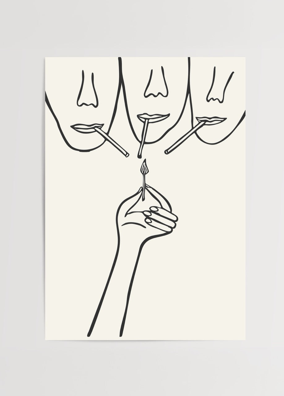 Minimalist art print featuring line drawings of faces with a hand holding a match.