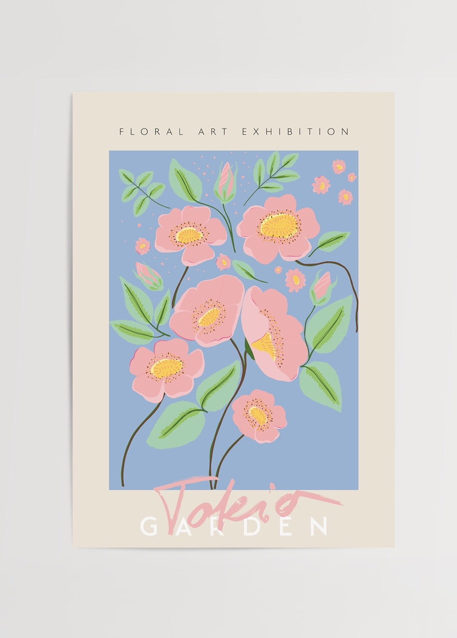 A vibrant floral poster featuring pink blossoms against a blue background, ideal for interior decor.