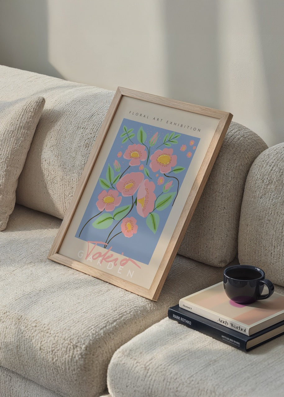 A vibrant floral poster featuring pink blossoms against a blue background, ideal for interior decor.
