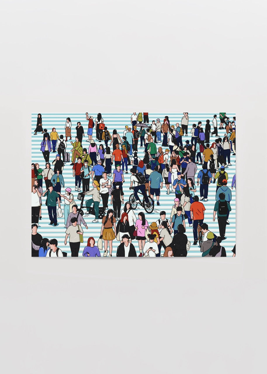 Vibrant illustration of the bustling Tokyo Shibuya Crossing, showcasing a diverse crowd.