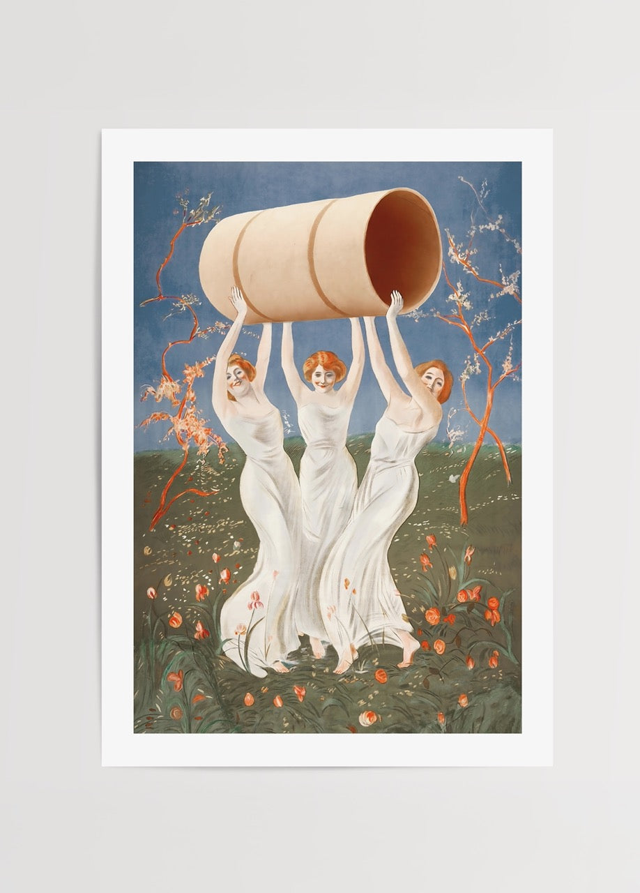 Mythical muses carrying a rolled tapestry in a vibrant landscape.