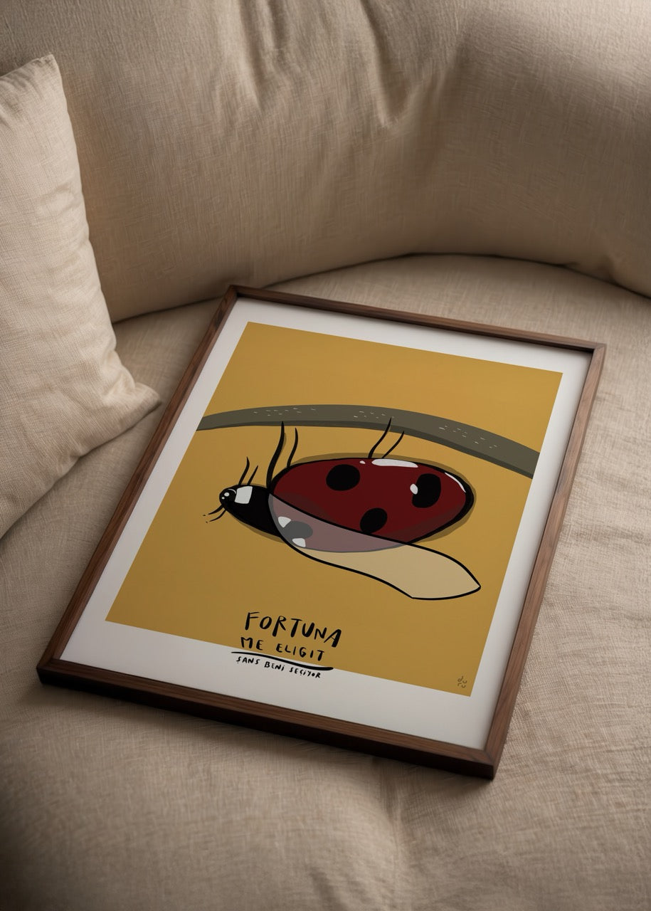 A vibrant ladybird illustration poster representing luck, perfect for interior decor.