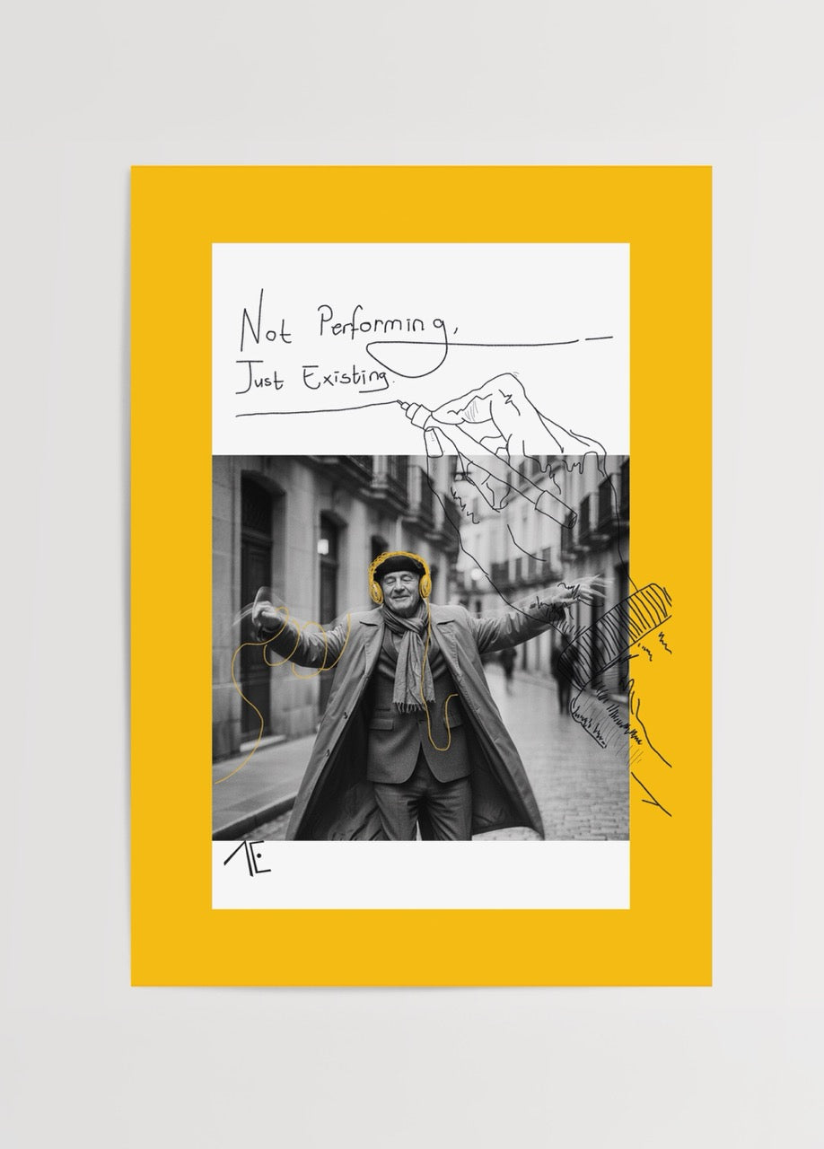 A vibrant yellow poster print featuring a black-and-white image with artistic elements, themed &