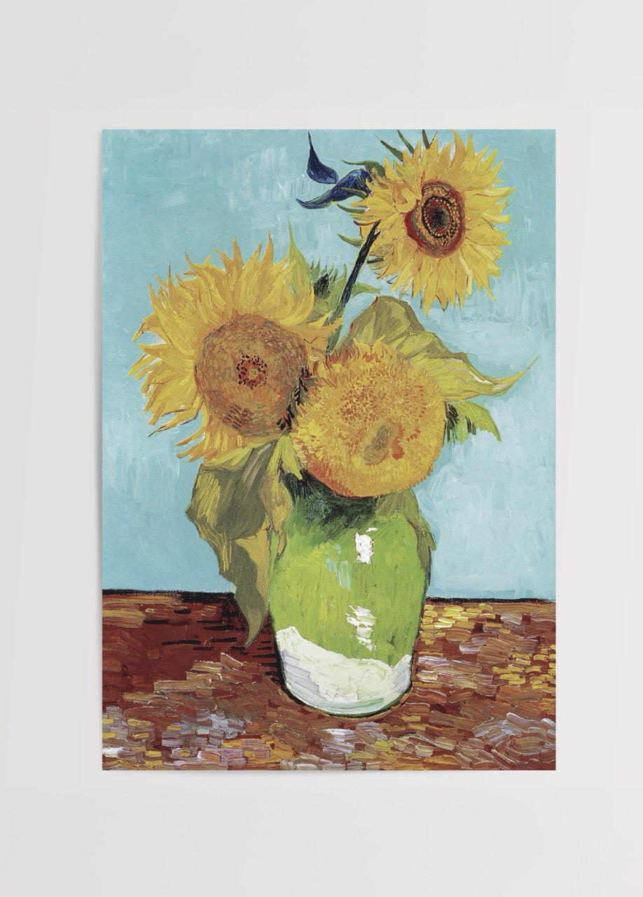Vibrant poster art featuring sunflowers in a green vase.