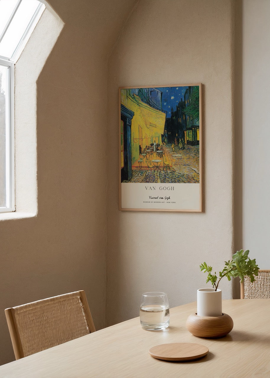 Twilight terrace café wall art print featuring vibrant colors and cozy atmosphere.