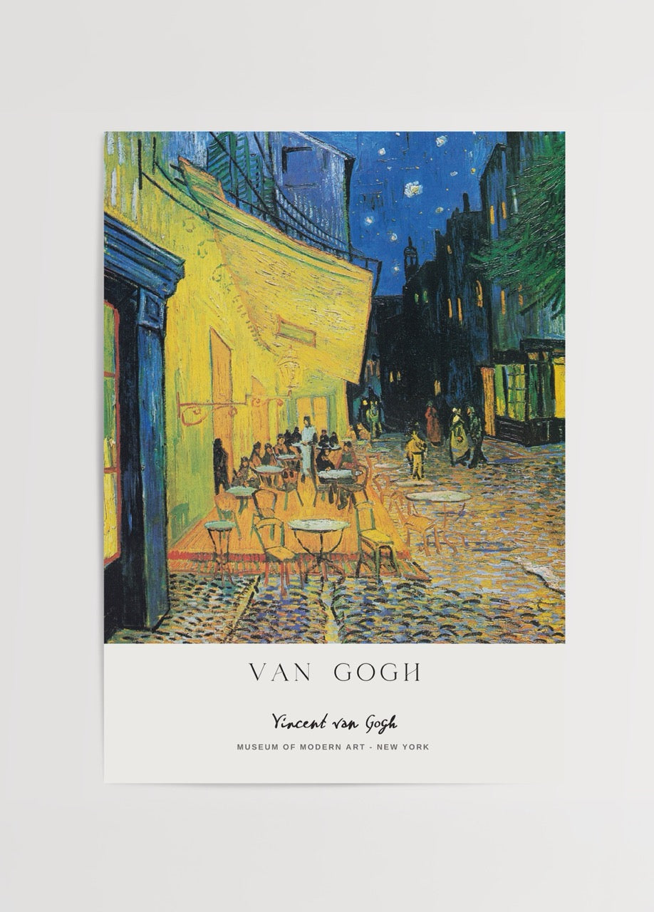 Twilight terrace café wall art print featuring vibrant colors and cozy atmosphere.