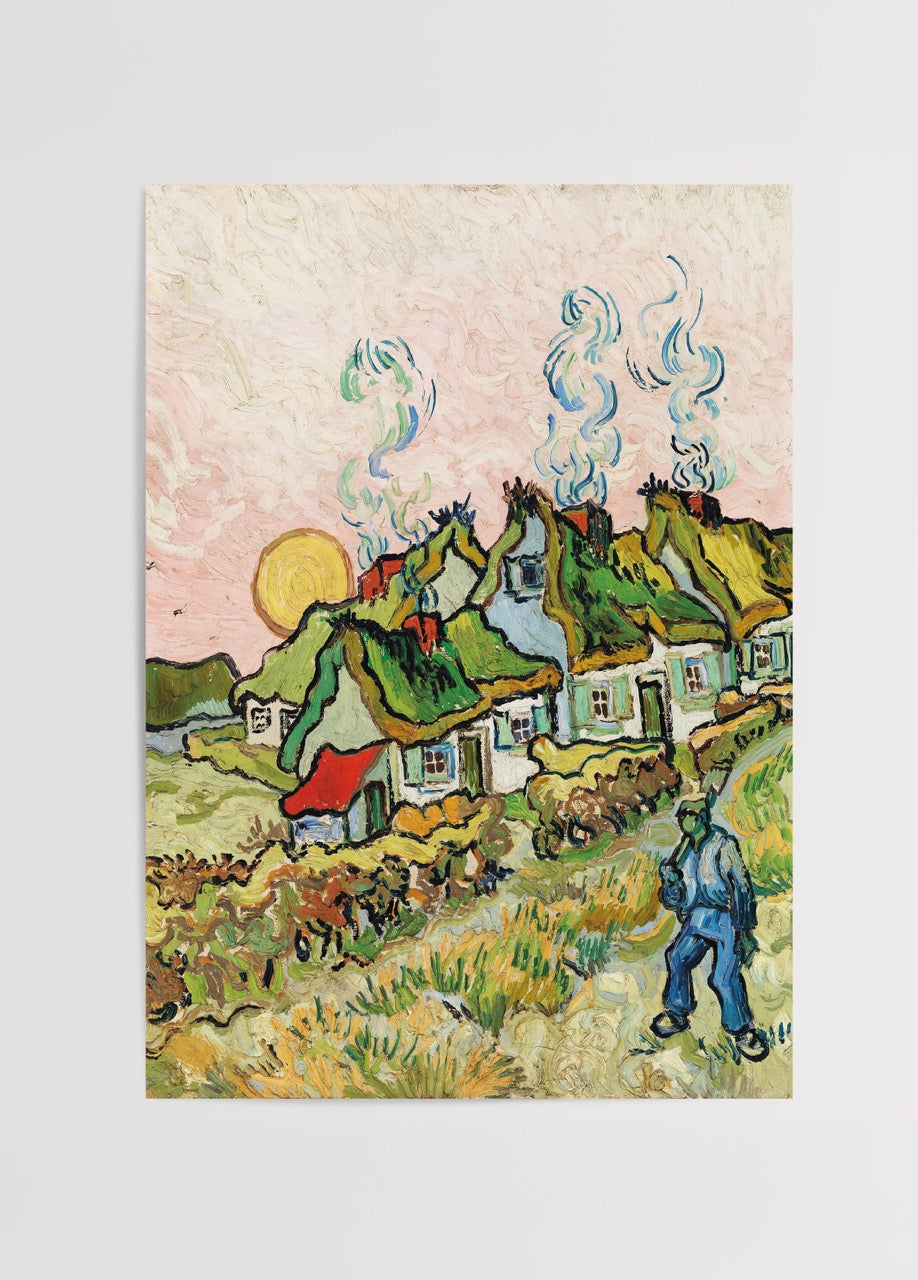 A vibrant countryside scene featuring thatched cottages against a warm sunset sky.