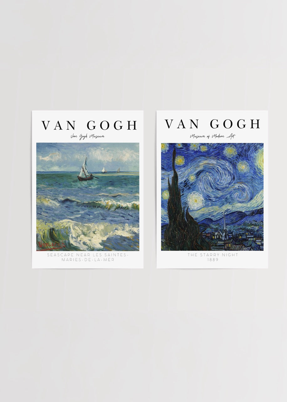Duo art prints featuring a seascape and a starry night scene.