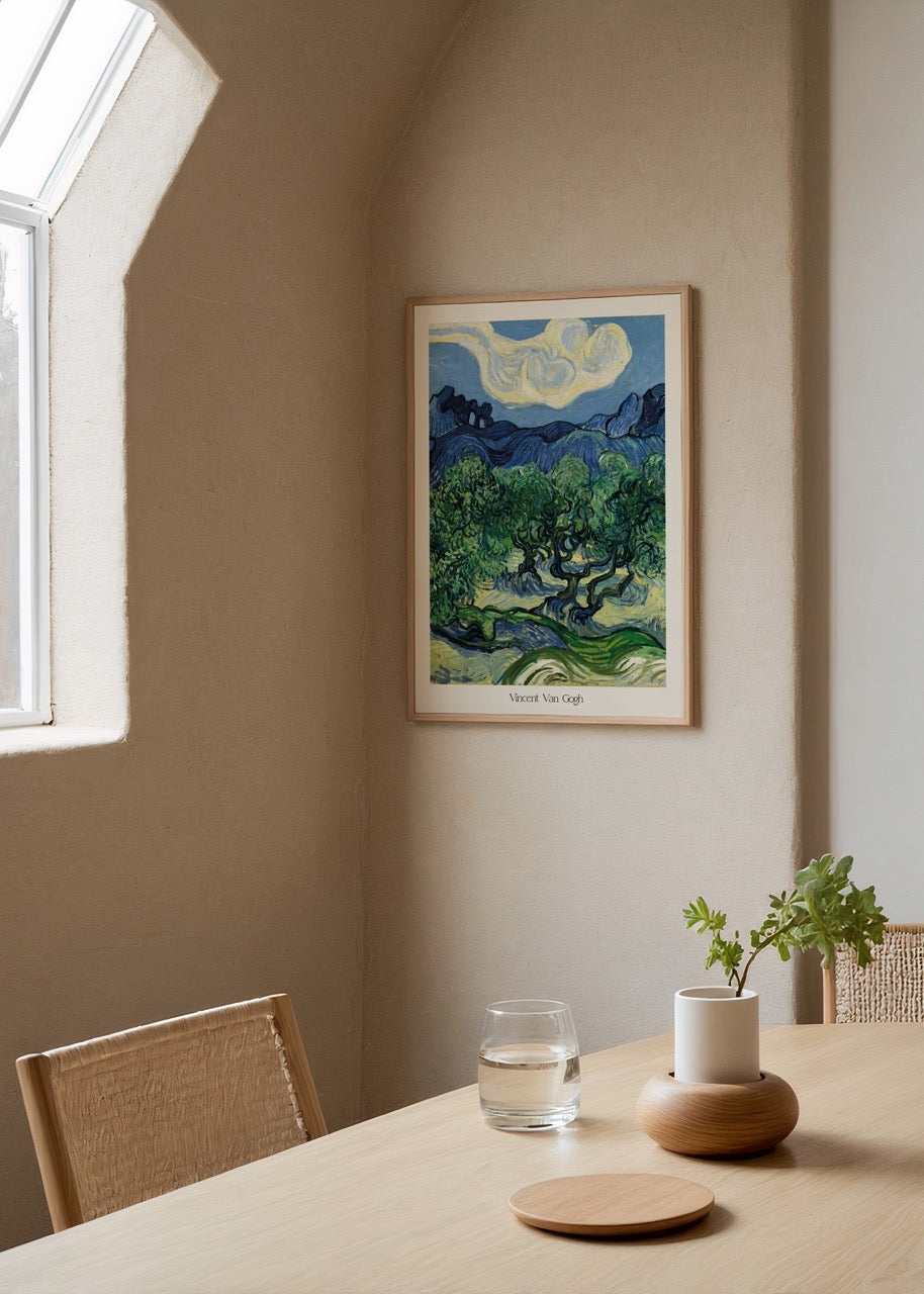 A vibrant olive tree landscape art print in blue and green tones.