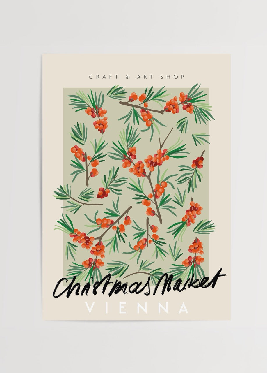 Botanical print featuring greenery and berries for Christmas decor.