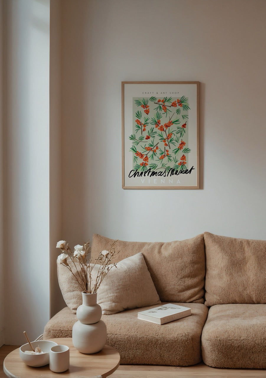 Botanical print featuring greenery and berries for Christmas decor.