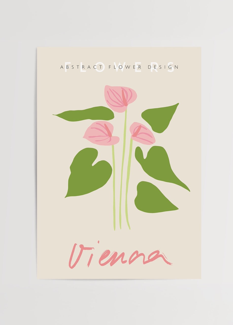 Elegant floral illustration with soft pink blooms and green leaves on a beige background.