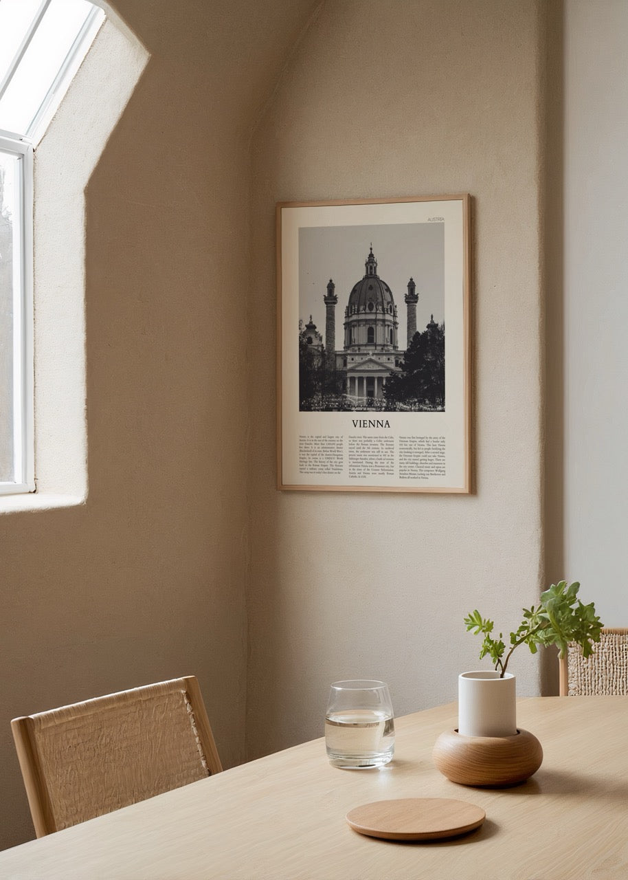 Monochrome architectural print of a grand structure in Vienna.