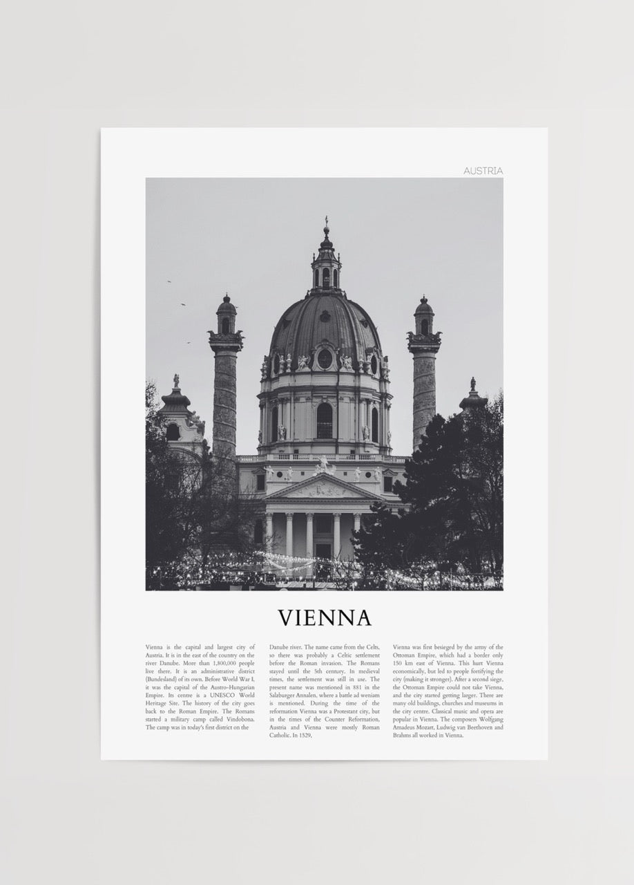 Monochrome architectural print of a grand structure in Vienna.
