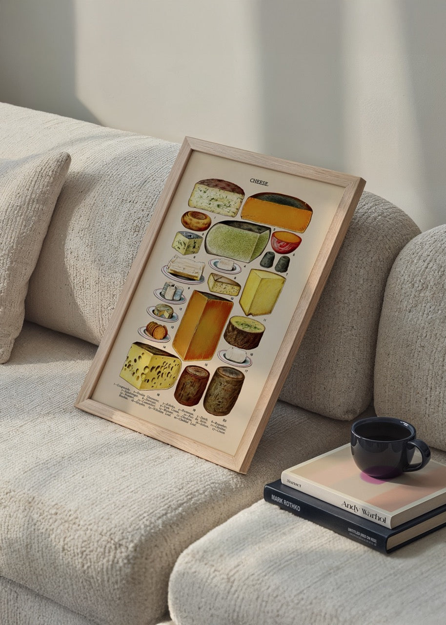 Vintage illustration of various cheese types for wall art.