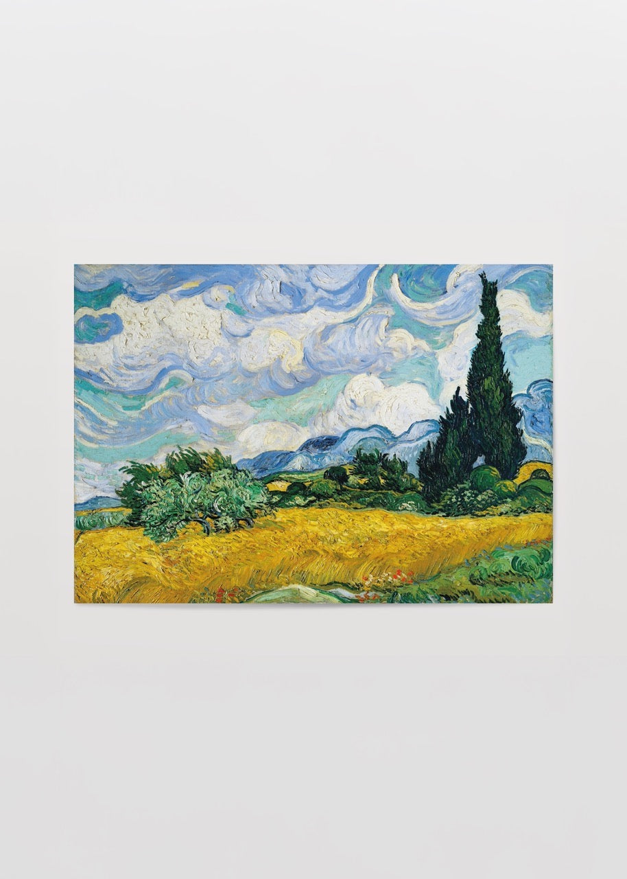 A vibrant landscape of a wheat field with cypress trees against a swirling sky.