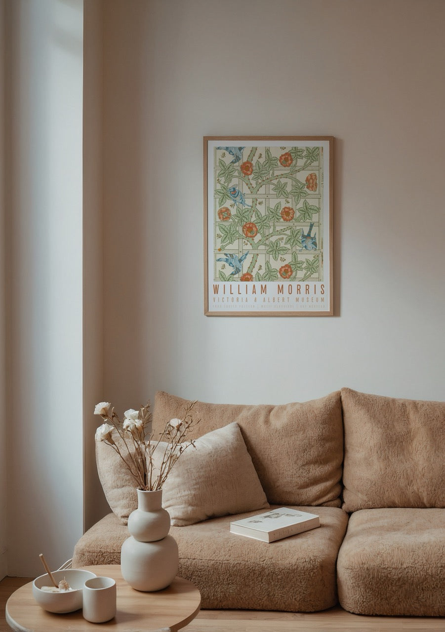 Vintage Birds & Trellis wall art print featuring floral motifs and birds.