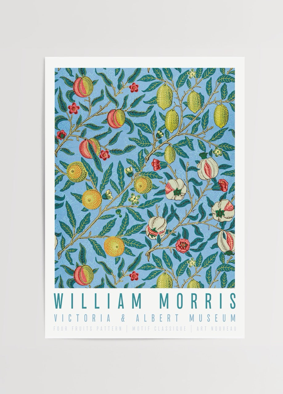 Botanical poster featuring vibrant fruits and floral designs on a blue background.