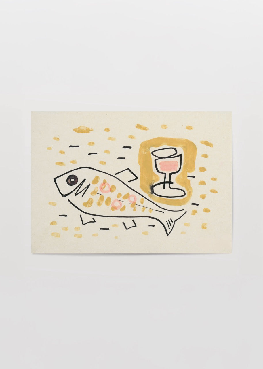 A playful illustration of a fish and a glass of wine on a textured background.